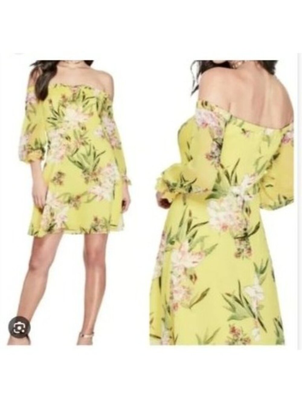 Guess Off-Shoulder Yellow Floral Dress Womens Size XL New